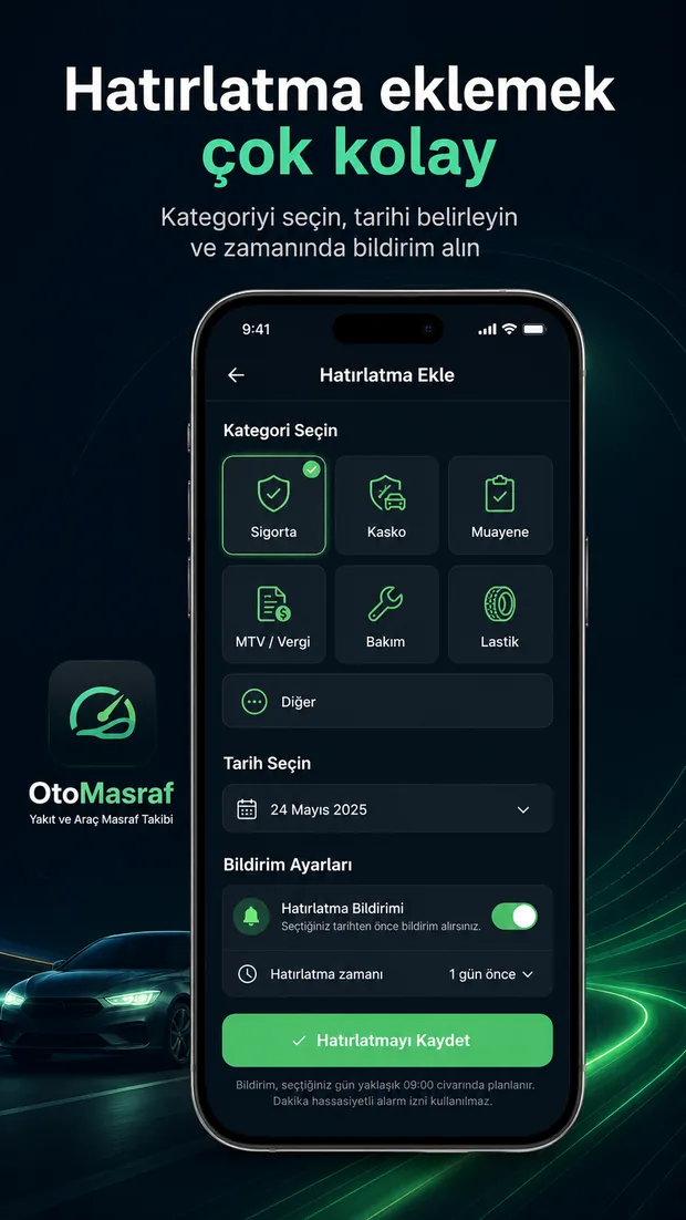 OtoMasraf hatırlatma ekleme ekranı